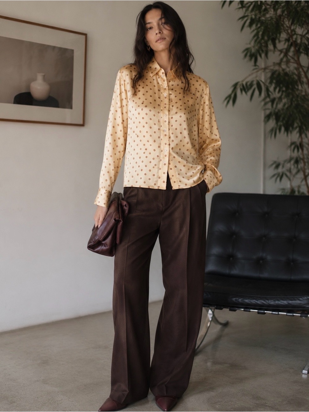 NWT Sandro ‘Peany’ Polka-Dot Button-Down Shirt In Yellow & Tan US Size 4